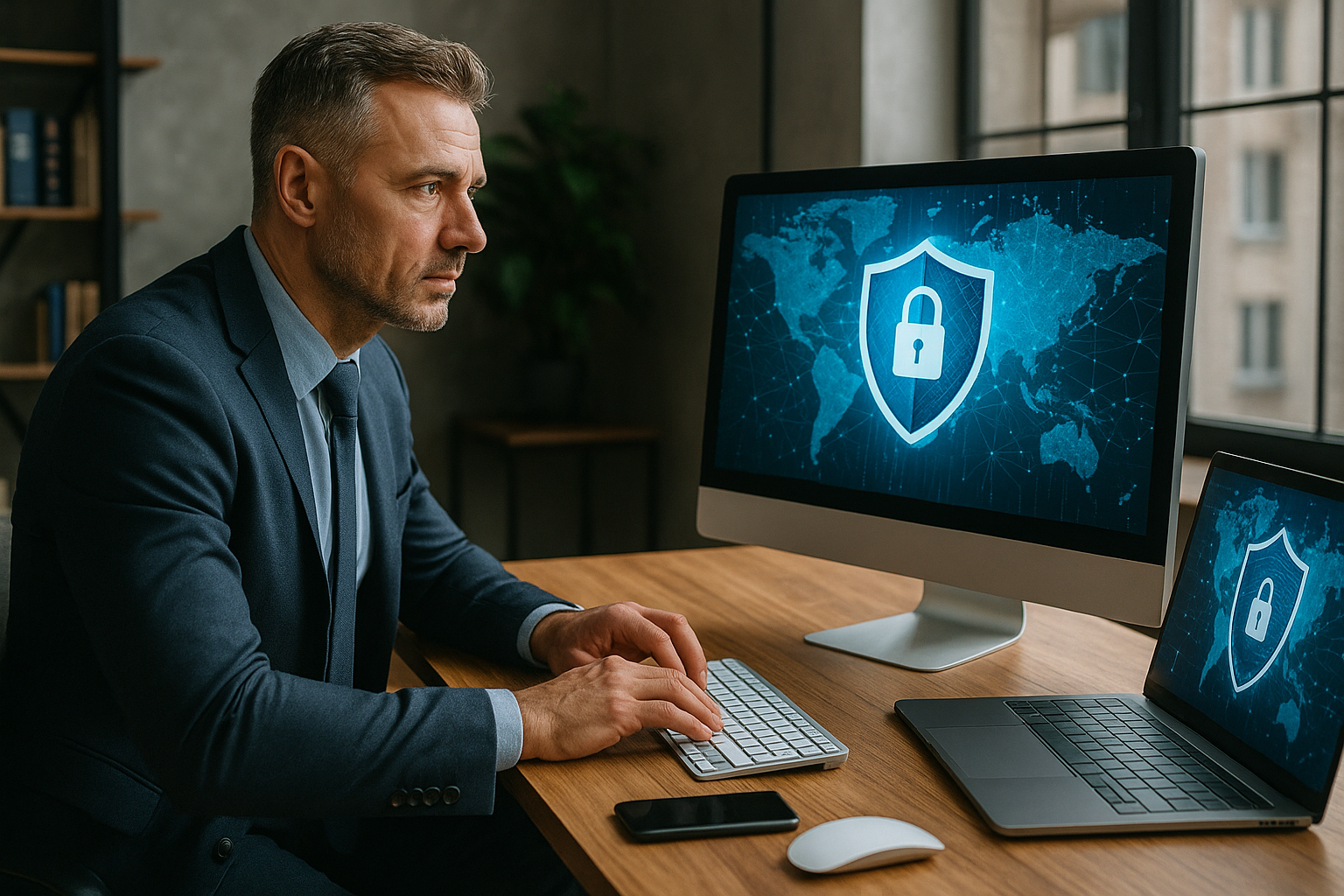 Ciberseguridad empresarial en la era digital y remota 1 Fotografía digital realista de un profesional trabajando en remoto protegido por sistemas de ciberseguridad empresarial