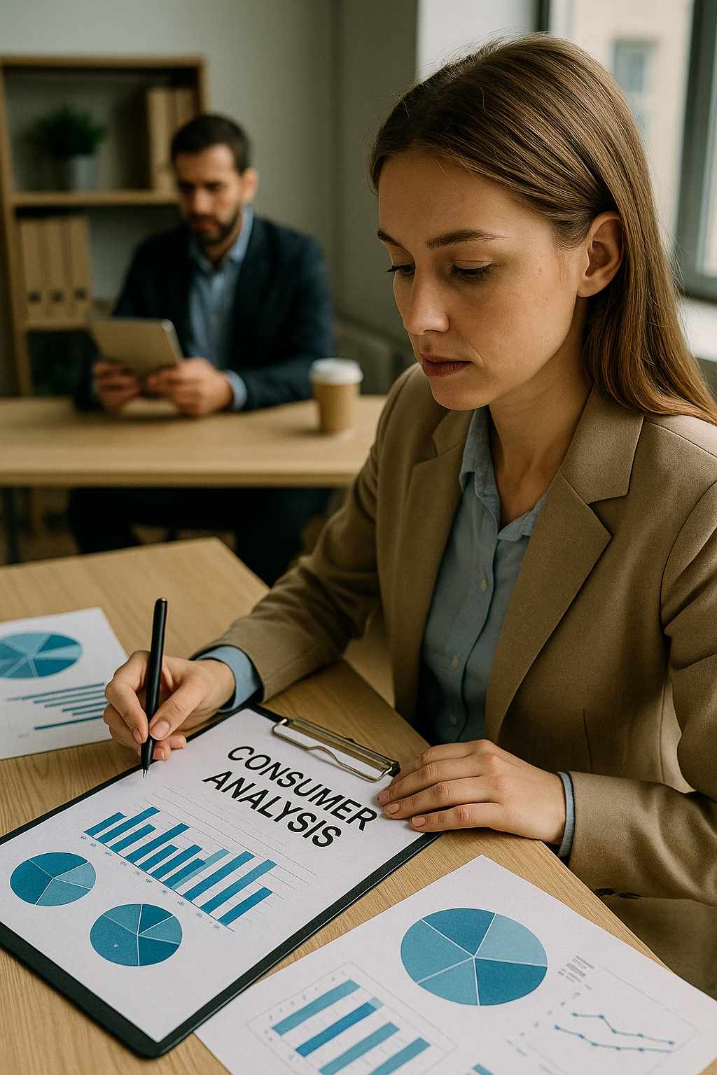 Mujer profesional revisando un informe de análisis del consumidor con gráficos y diagramas en un entorno de oficina moderna