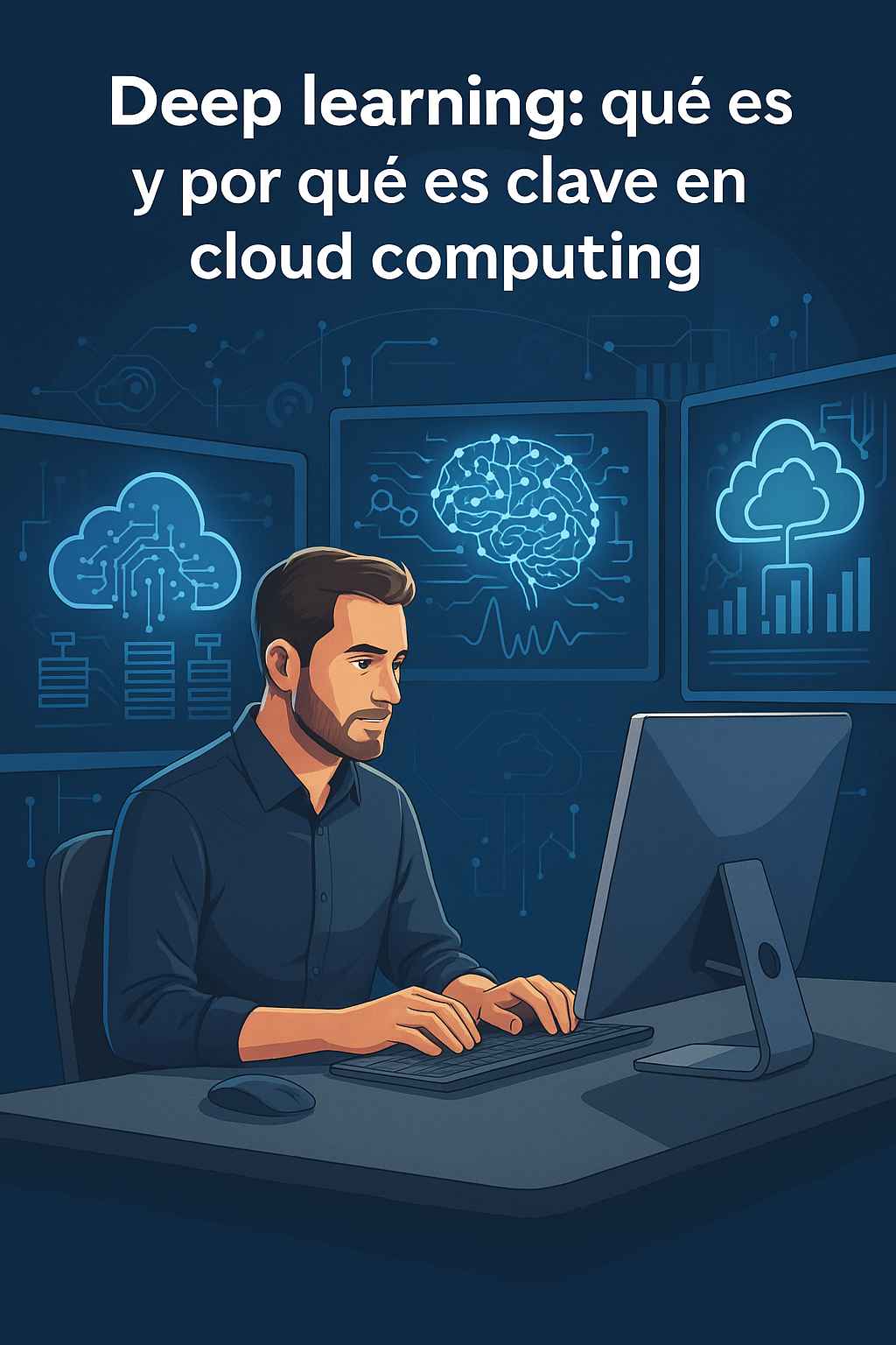 Ilustración digital que representa el uso del deep learning en entornos de cloud computing con redes neuronales y datos en la nube