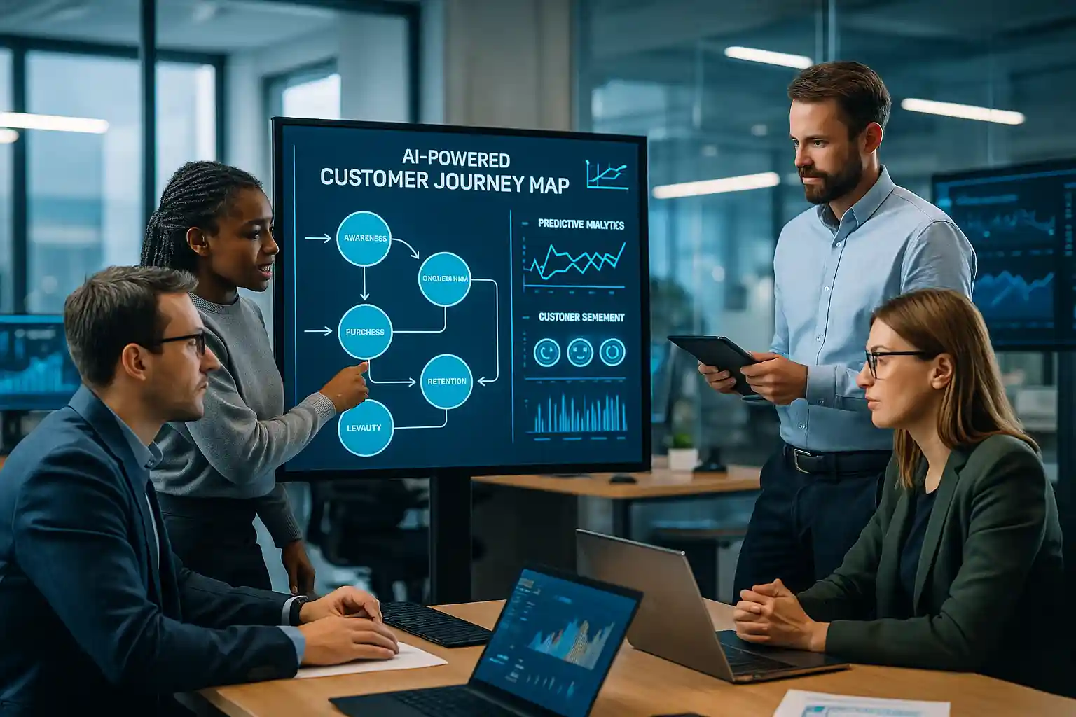 Profesionales analizando un customer journey potenciado por IA y experiencia de cliente, en una oficina moderna, con gráficos de comportamiento y segmentación predictiva.