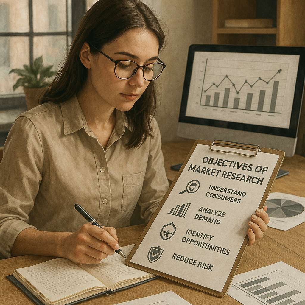 5 Objetivos de la investigación de mercado: 1 Mujer analizando datos de investigación de mercado con gráficos, notas y objetivos clave