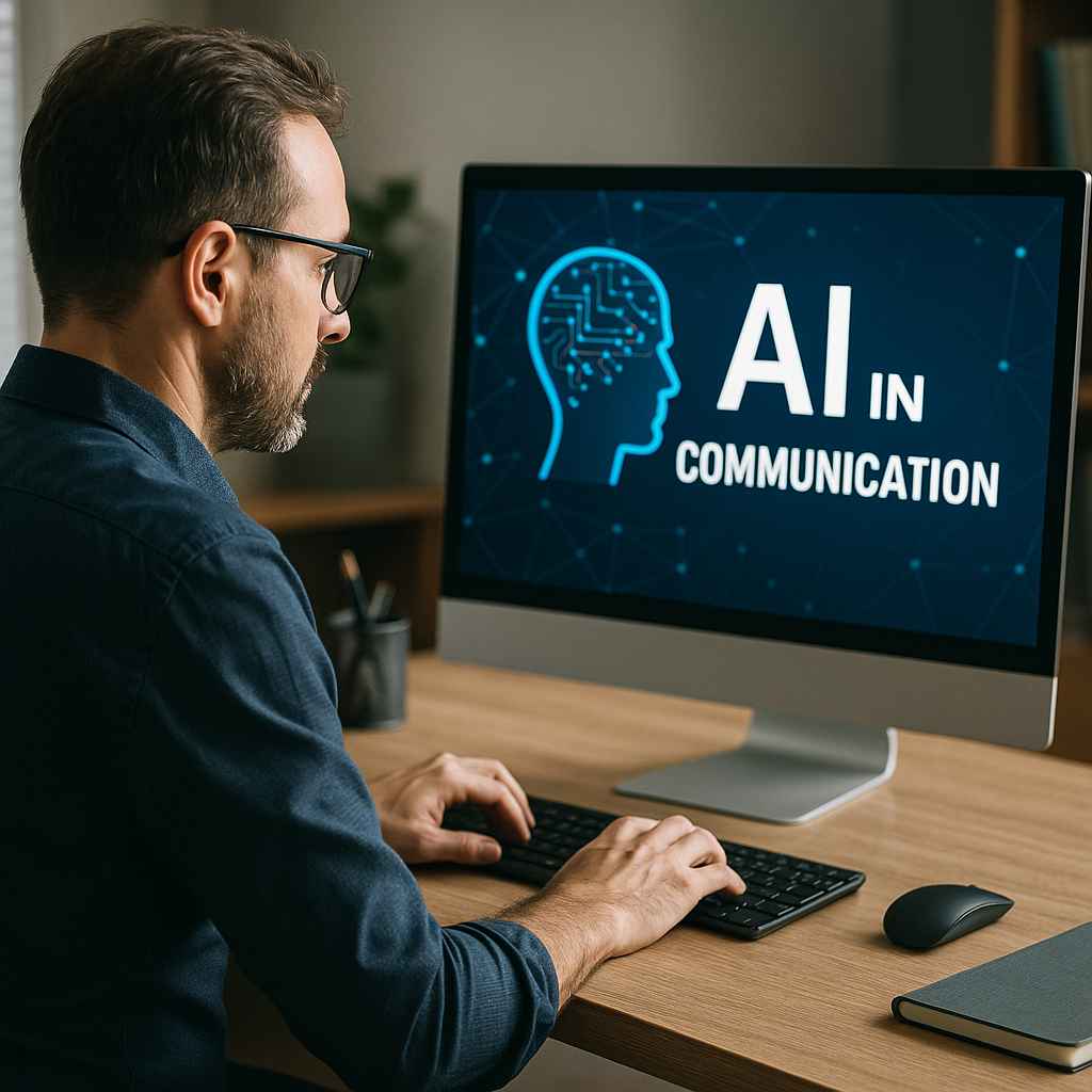 Inteligencia artificial en comunicación: qué es y aplicaciones 1 Un profesional trabajando con herramientas en un entorno de inteligencia artificial en comunicación digital