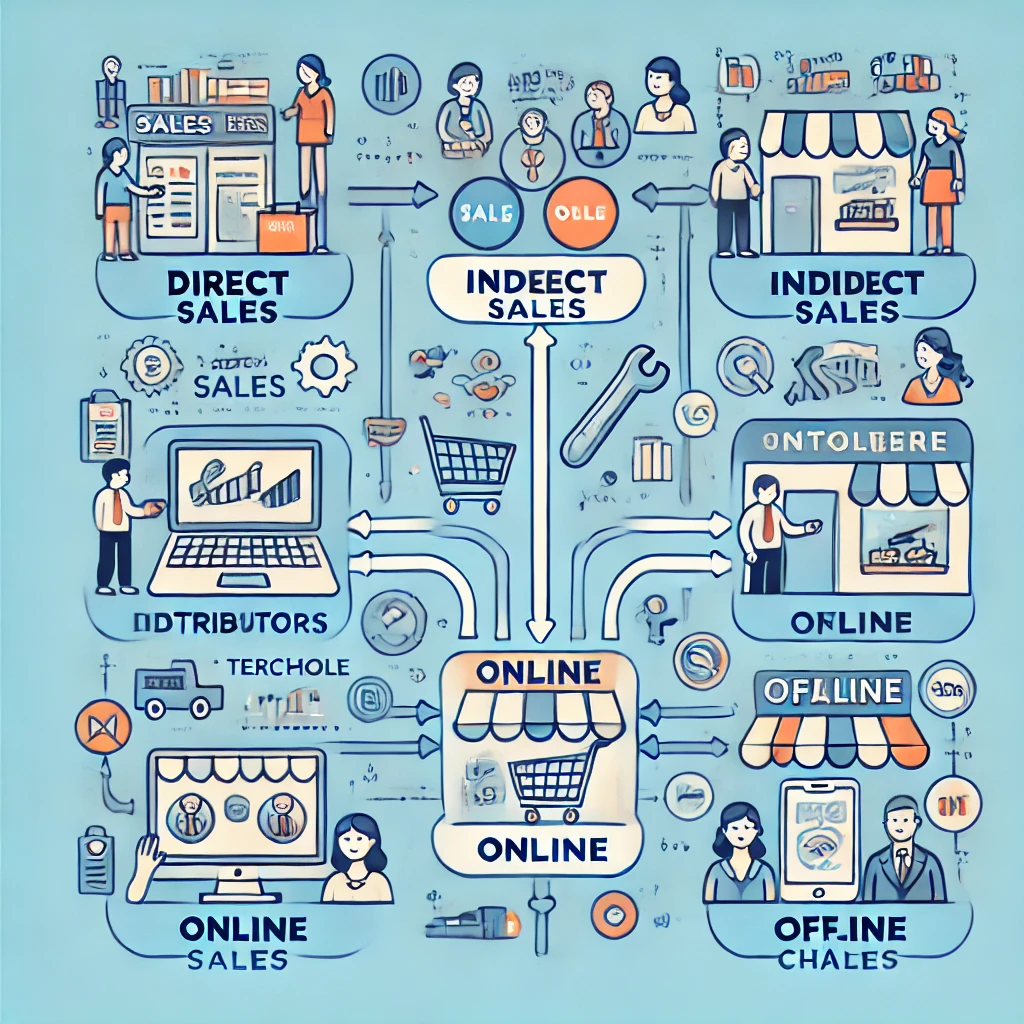 DALL·E 2024 09 08 11.31.56 An illustration depicting different types of sales channels highlighting direct indirect online and offline channels. It shows examples such as di