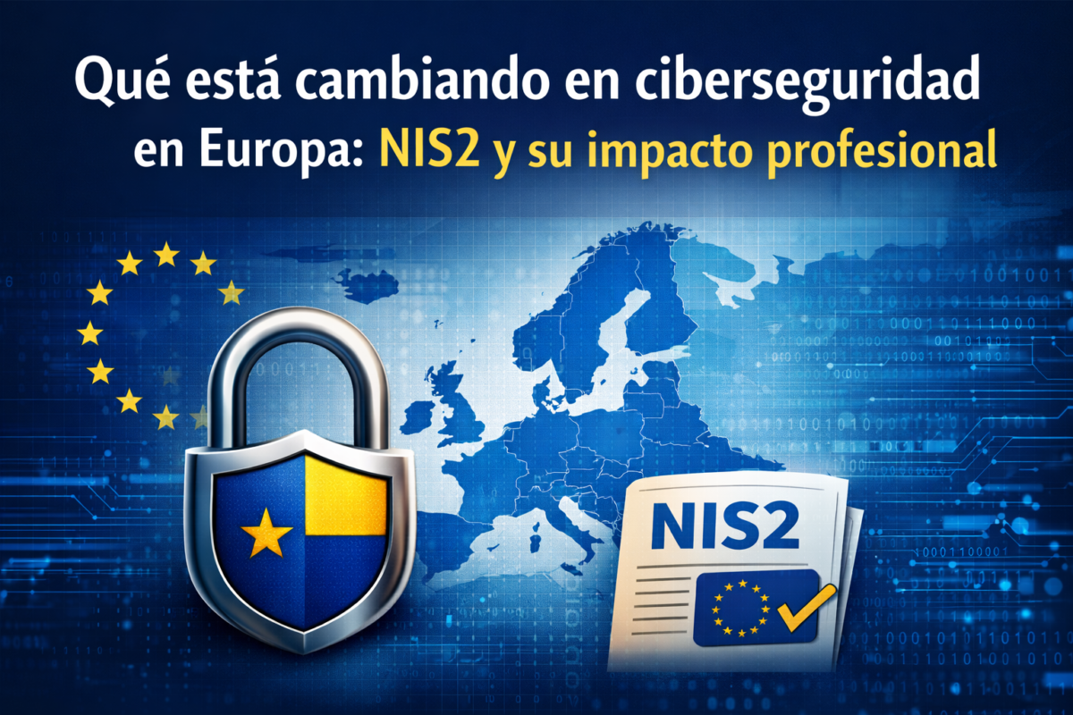Directiva NIS2 en Europa y su impacto en la ciberseguridad, con mapa europeo, candado digital y normativa de la Unión Europea