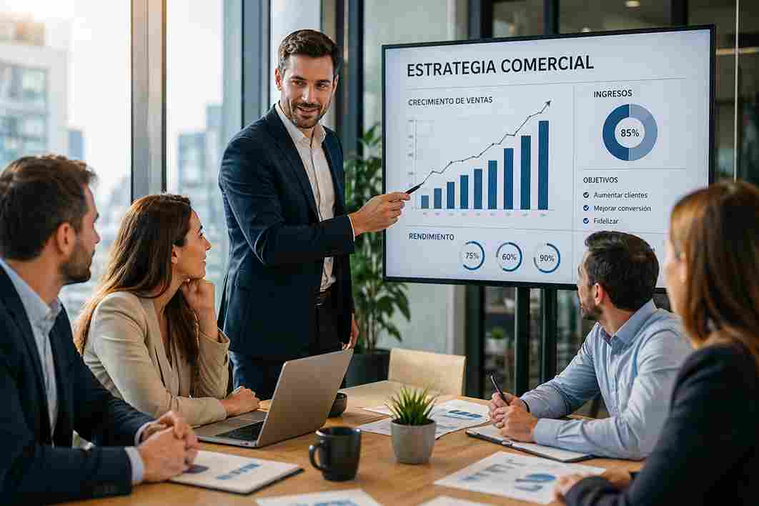 Equipo profesional en reunión analizando estrategia comercial y crecimiento de ventas en empresa