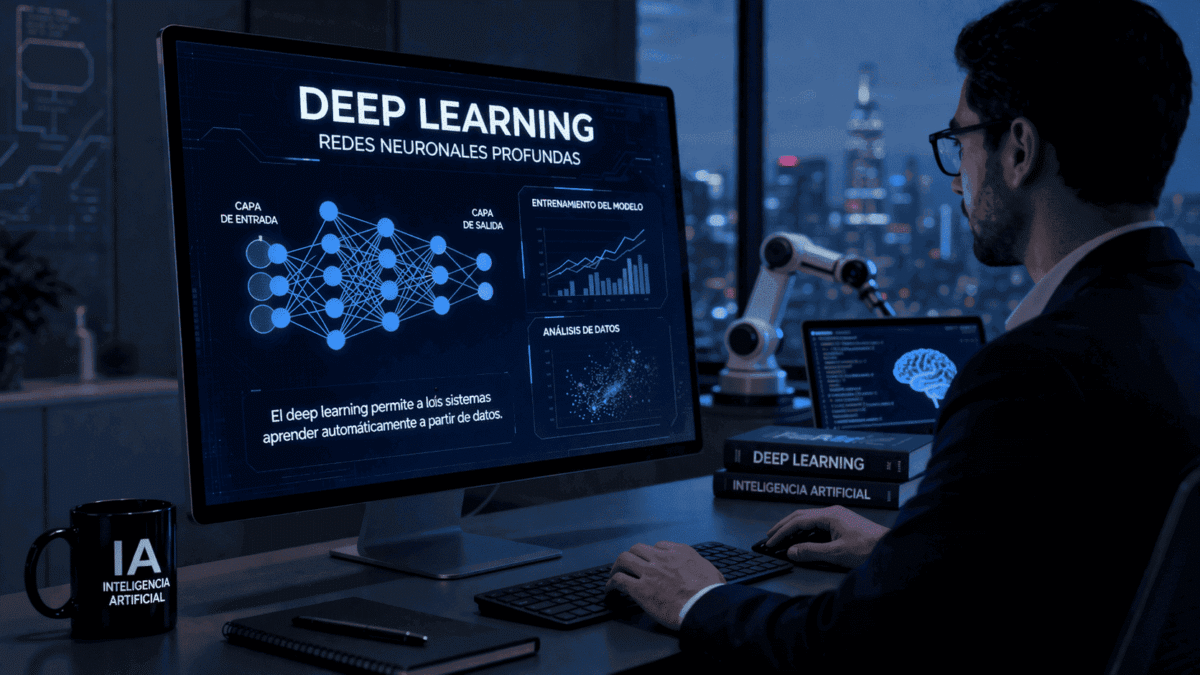Deep learning en inteligencia artificial con redes neuronales profundas analizando datos y aplicaciones en negocio