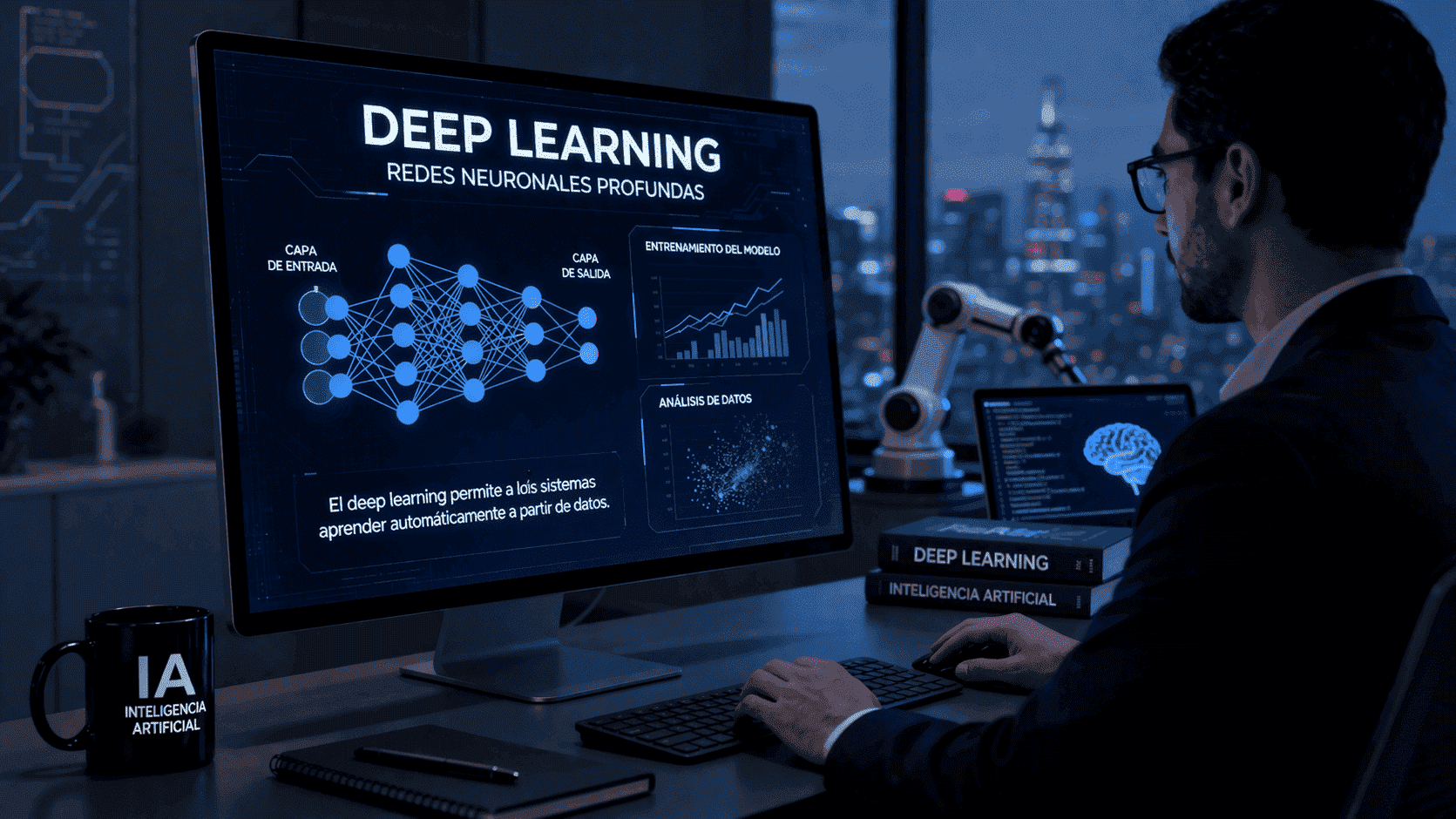 Deep learning en inteligencia artificial con redes neuronales profundas analizando datos y aplicaciones en negocio