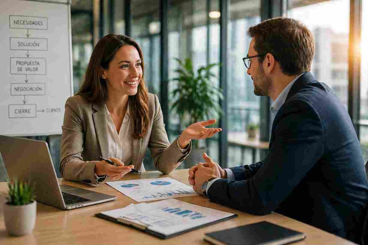 Profesional en oficina liderando equipo comercial y gestionando desarrollo de negocio