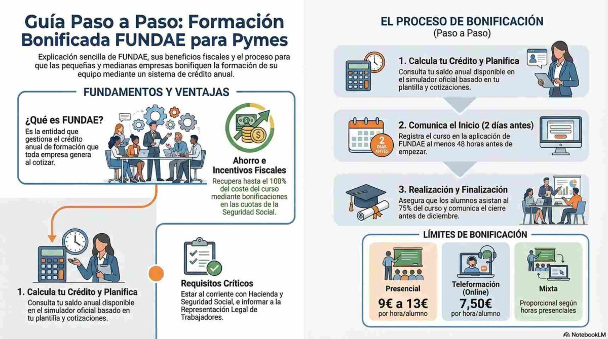 Prenstacion infografia para RRHH gestionando formación bonificada FUNDAE para optimizar el crédito formativo empresarial