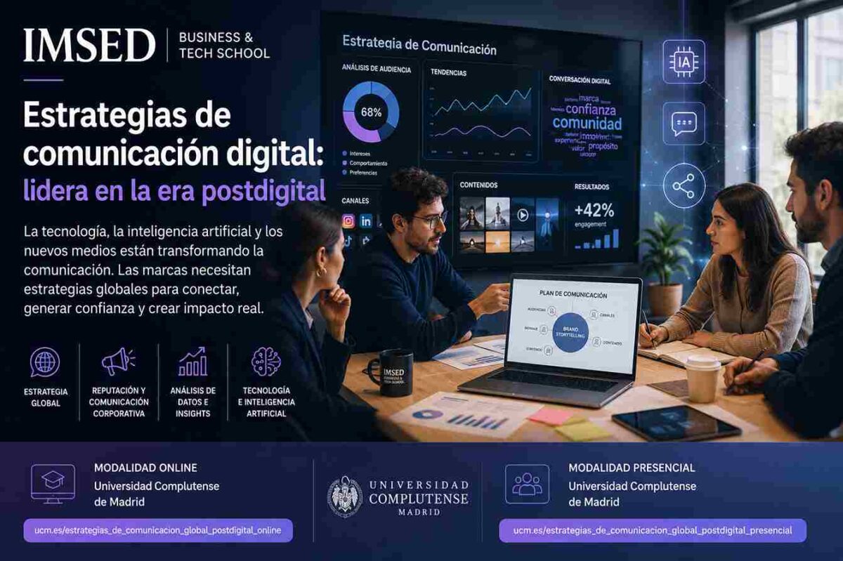 Profesionales desarrollando estrategias de comunicación digital con tecnología, inteligencia artificial, análisis de datos y medios digitales en un entorno postdigital
