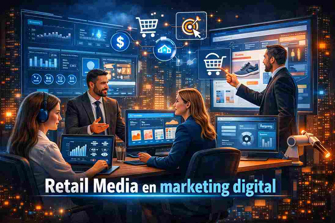 retail media transformando el marketing digital con profesionales analizando datos y campañas en plataformas de e‑commerce