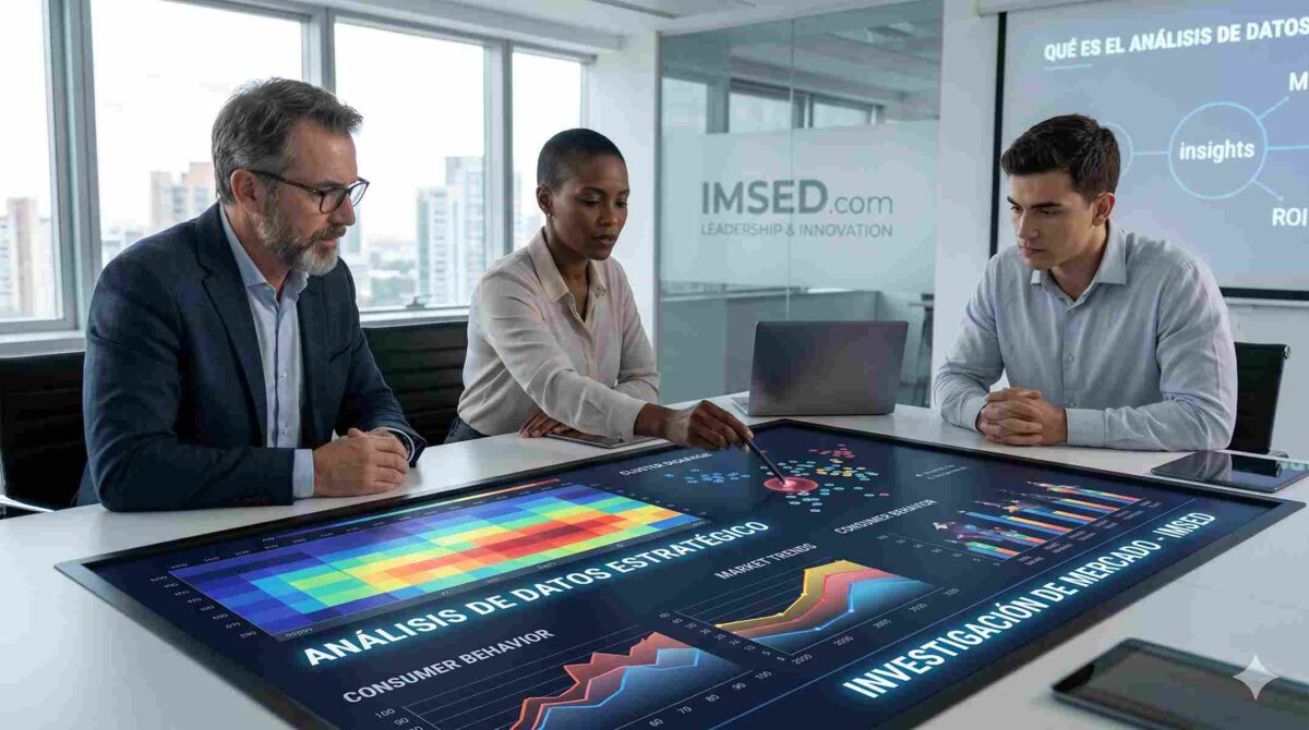 Directivo analizando gráficos complejos de análisis de datos en una tablet para una investigación de mercado estratégica en IMSED.