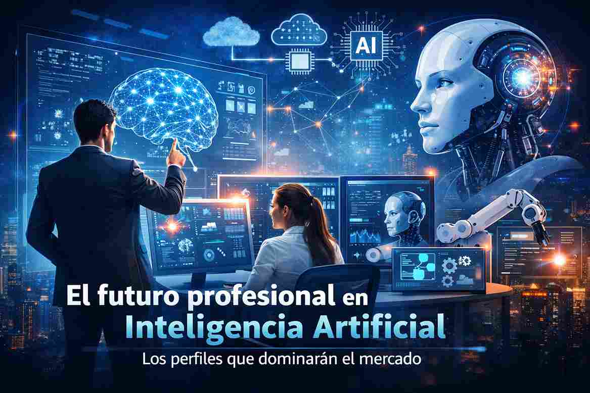 futuro profesional en inteligencia artificial con profesionales trabajando en entornos tecnológicos avanzados, pantallas holográficas y modelos de IA