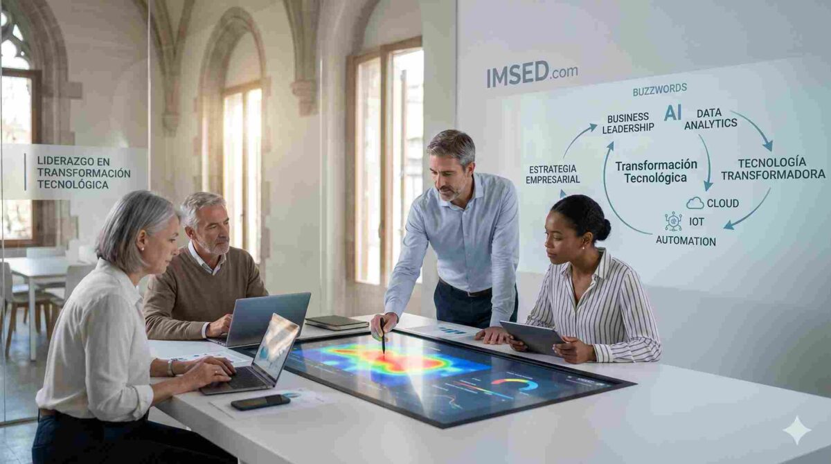 Cuatro profesionales de IMSED Business School colaborando alrededor de una pantalla táctil que muestra un diagrama sobre liderazgo en transformación tecnológica, AI y Big Data.