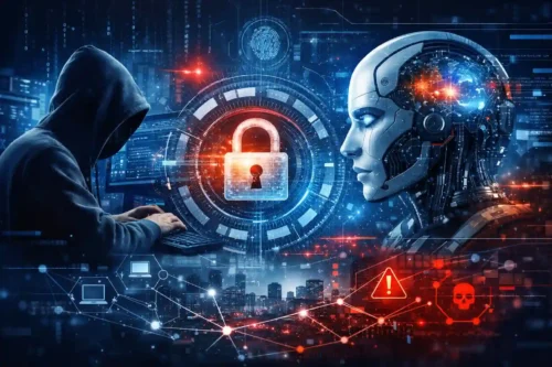 Ilustración sobre ciberseguridad e inteligencia artificial con un hacker y un robot frente a un candado digital, simbolizando la defensa de datos y sistemas en la era de la IA