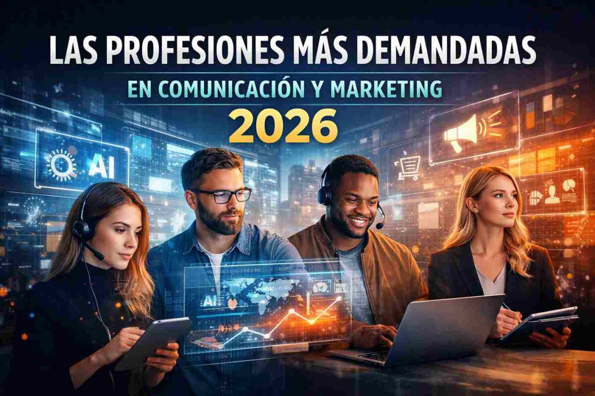 Profesionales trabajando con IA y datos, representando las profesiones más demandadas en comunicación y marketing en 2026