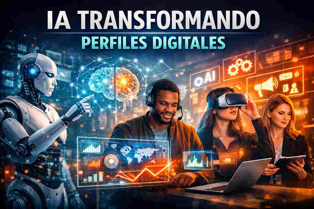 Profesionales interactuando con IA y datos, ilustrando cómo la IA está transformando perfiles digitales en el sector del marketing y la comunicación