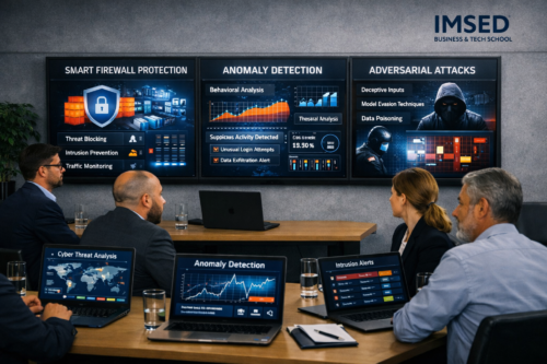 profesionales analizando ciberseguridad e inteligencia artificial en aula ejecutiva moderna del IMSED Business & Tech School, con pantallas de detección de anomalías y ataques adversariales