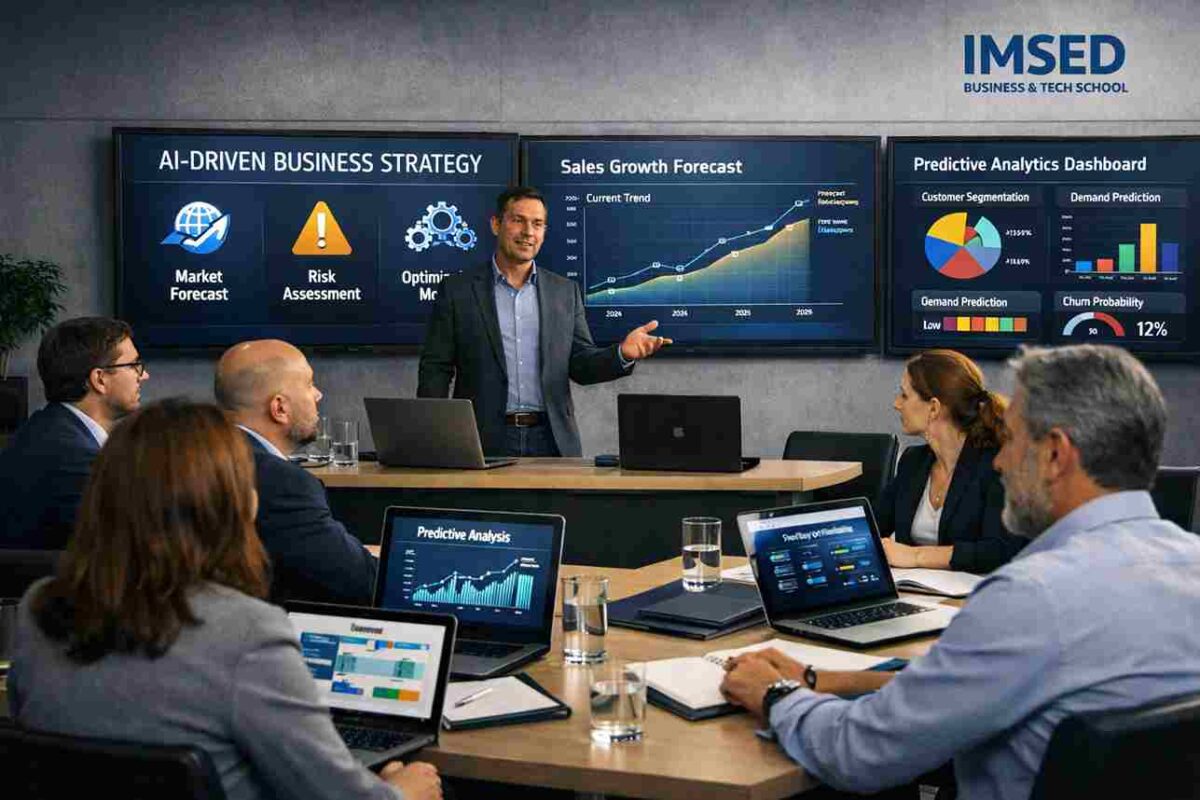 profesionales analizando la IA aplicada a la estrategia empresarial en aula ejecutiva moderna del IMSED Business & Tech School, con pantallas de datos y modelos predictivos