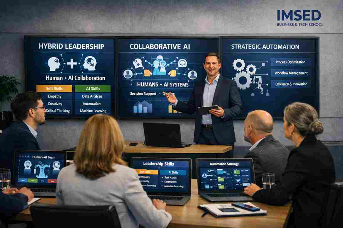 líder digital presentando estrategias de liderazgo híbrido con inteligencia artificial ante un equipo en aula ejecutiva moderna del IMSED Business & Tech School