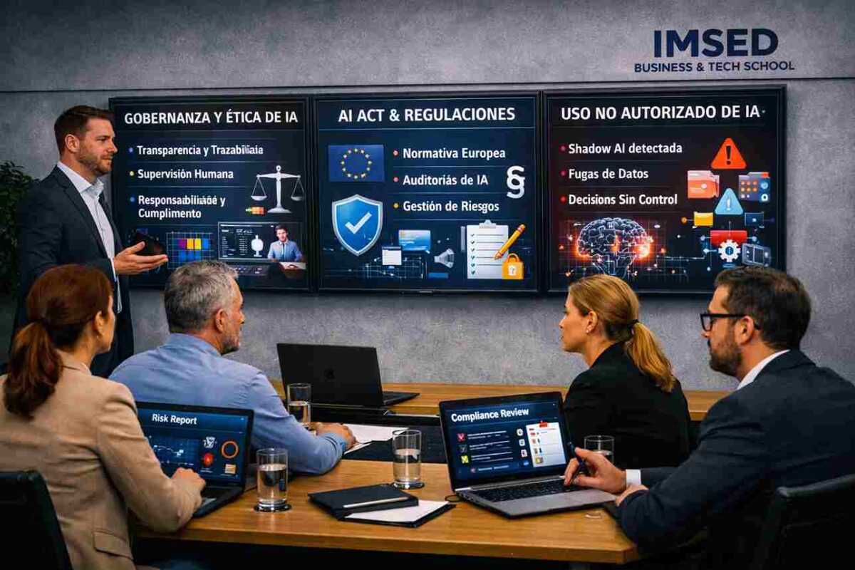 profesionales analizando riesgos de Shadow AI y gobernanza tecnológica en aula ejecutiva del IMSED Business & Tech School